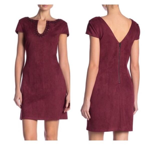VINCE CAMUTO FAUX SUEDE U-NECK WOMEN MAROON ZIP UP SHORT DRESS SIZE 8 - Picture 1 of 8